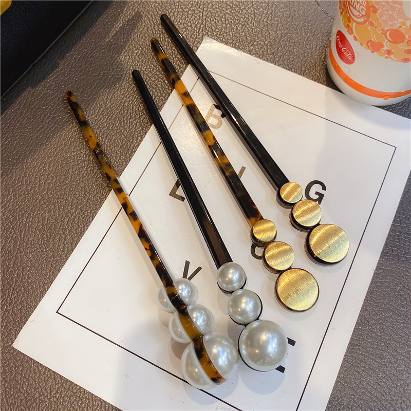 ins慵懒风玳瑁发簪复古法式珍珠金属簪子日韩醋酸发饰古风头饰品