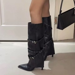 时髦精~！尖头细跟长靴女高跟铆钉机车靴子皮带扣高筒裤管骑士靴