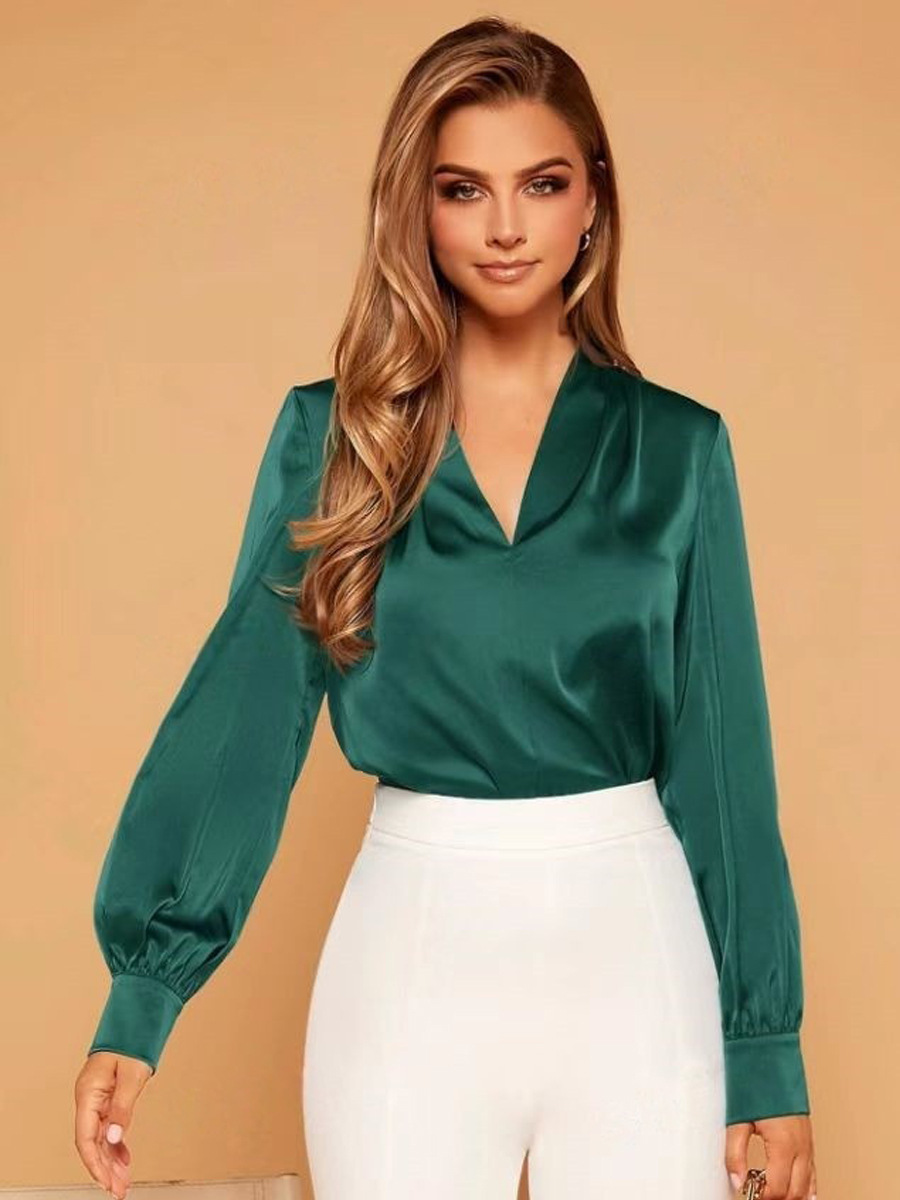 Camisa con cuello en V europea y americana de estilo caliente de Amazon, camisa de satén satinado de manga larga de primavera y verano de AliExpress eBay
