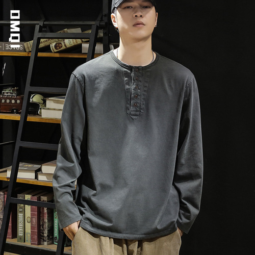 330g Heavyweight Long-Sleeve T-Shirt for Men - Autumn Large Size Trendy Brand American Loose Casual Henley Collar Base T-Shirt Trend