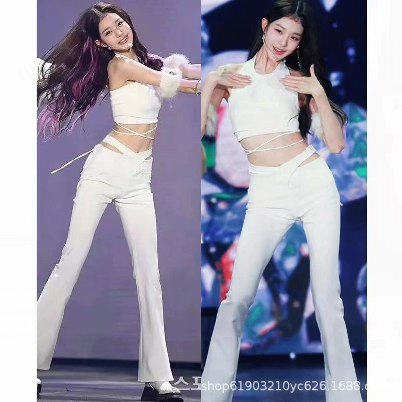 Ive Женская группа Чжан Юаньин с белыми шеей и расклешенными брюками