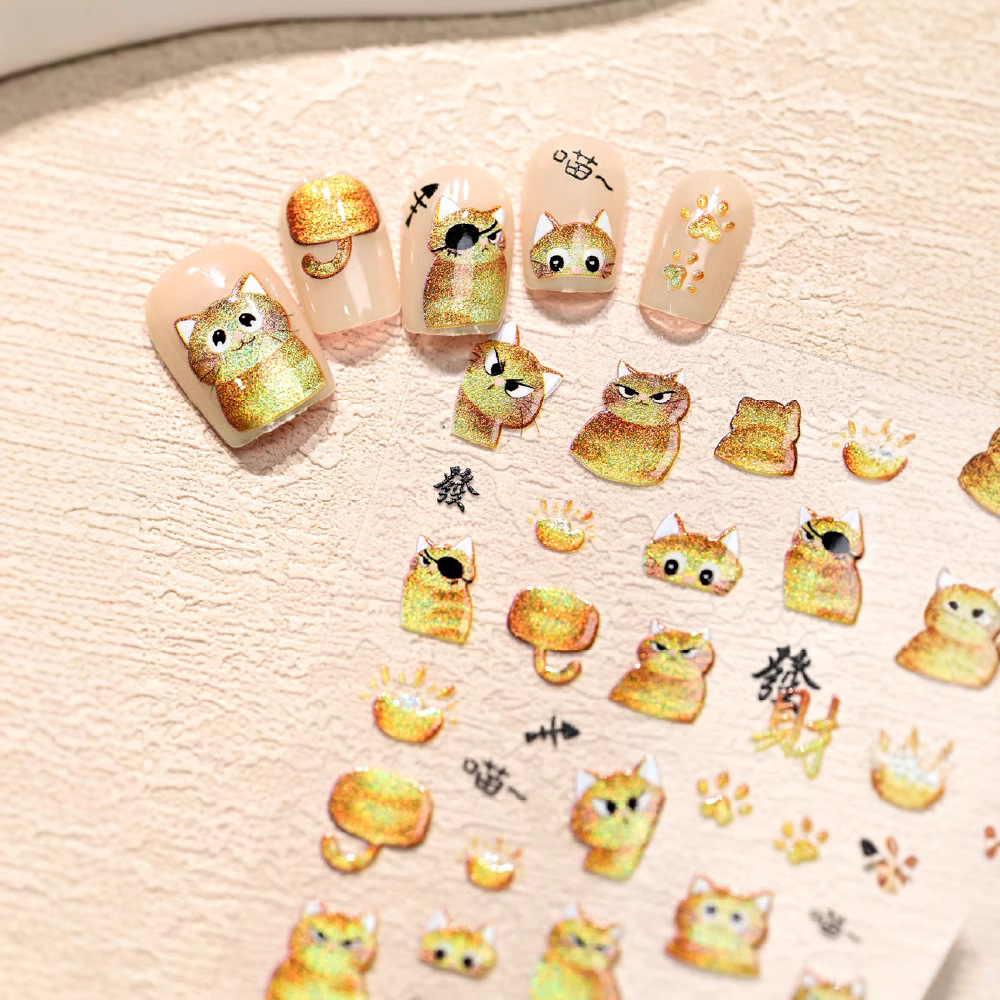 Internet éxito rico gatito flash ojo de gato pegatinas de uñas adorable gatito naranja gato negro dedos en relieve pegatina de uñas