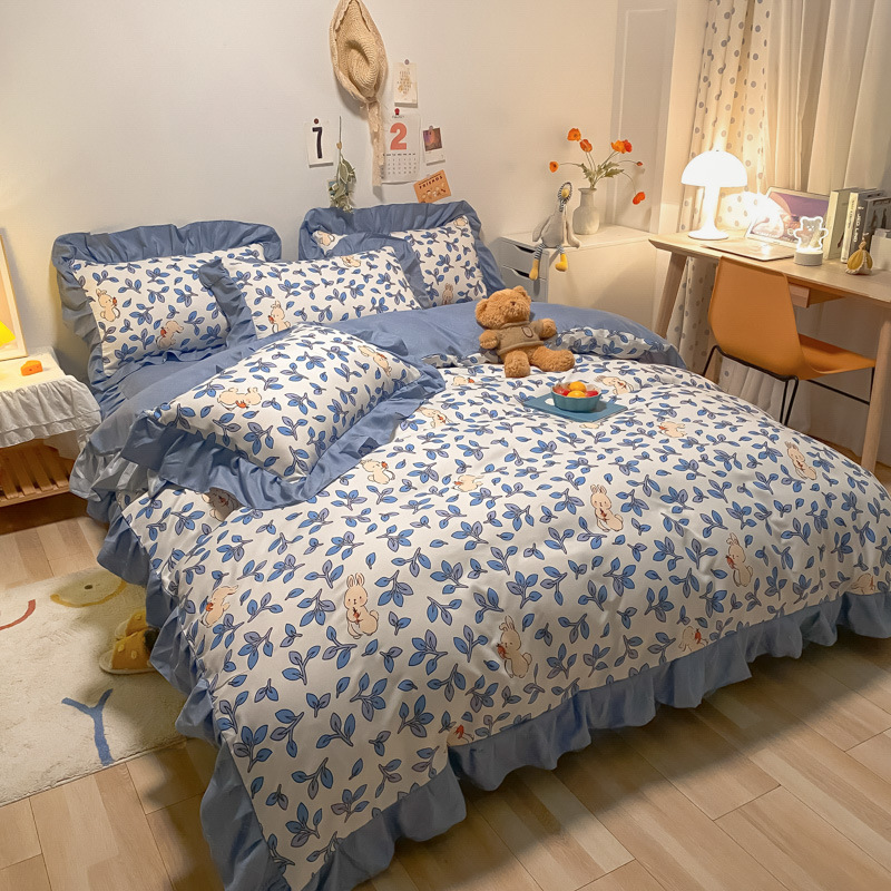 韩式公主风四件套小清新ab版印花百褶花边磨毛床品被套床裙单批发