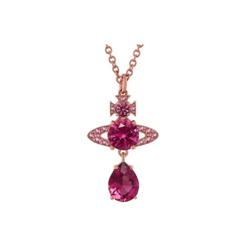 Pendant Necklace (Vivienne) Queen Mother Saturn design, pink crystal teardrop, clavicle chain