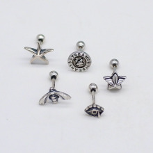 S925银复古圆牌纽扣螺丝耳钉 日韩星星泰银耳骨钉耳蜗钉 气质银饰