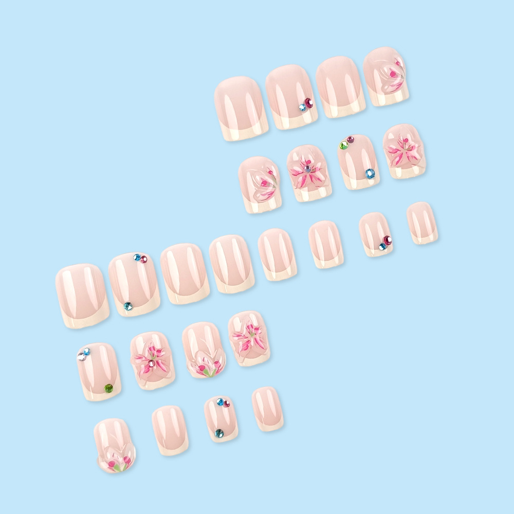 3D flores tridimensionales manijas falsas francesas comercio exterior polvo desnudo con diamantes 24 piezas de uñas blanqueadoras suaves lote mixto