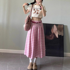 大码胖mm设计感工装粉色格子百褶半身裙女梨型身材遮胯显瘦中长裙