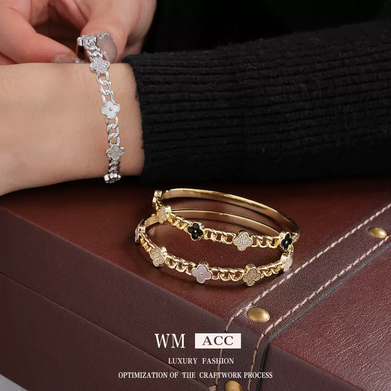 真金电镀锆石花朵链条手镯百搭通勤日常手环高级感时尚气质手饰女