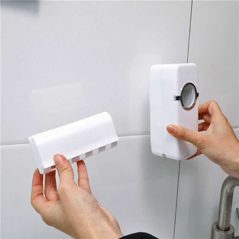 Automatic Toothpaste Dispenser Wall-Mount, Toothbrush Holder & No-Trace Hook, White