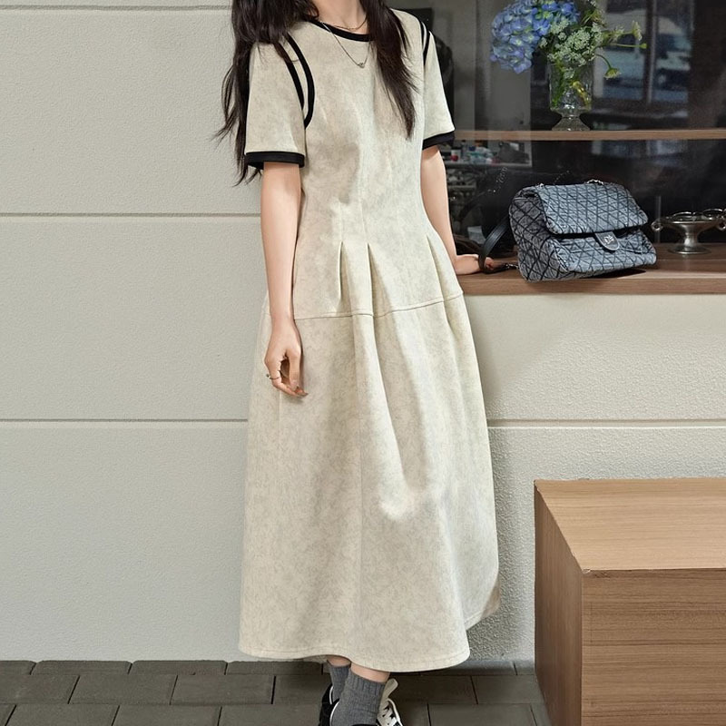 YQGFS (YQGFS) # ワイドカラー半袖パッチワークデザインドレス女性のための 2025 春夏新作ウエスト痩身ロングスカート|undefined