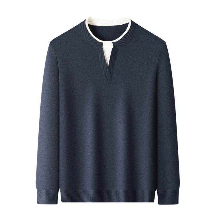 Camiseta de punto de otoño para hombres nuevo empalme falso dos piezas de moda universal suéter de cuello redondo de color sólido relajado