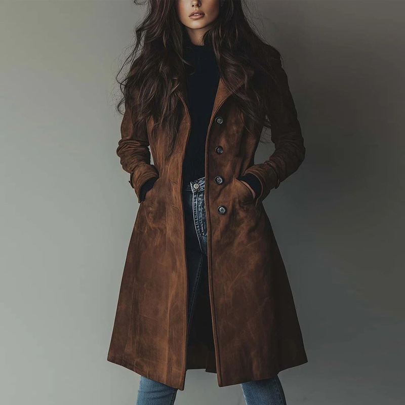 Independent Station 2025 European and American Autumn and Winter New Cross-Border Women's Clothing Lapel Western Suede Long Windbreaker Jacket Independent Station 2025 European and American Autumn and Winter New Cross-Border Women's Clothing Lapel Western Suede Long Windbreaker Jacket
