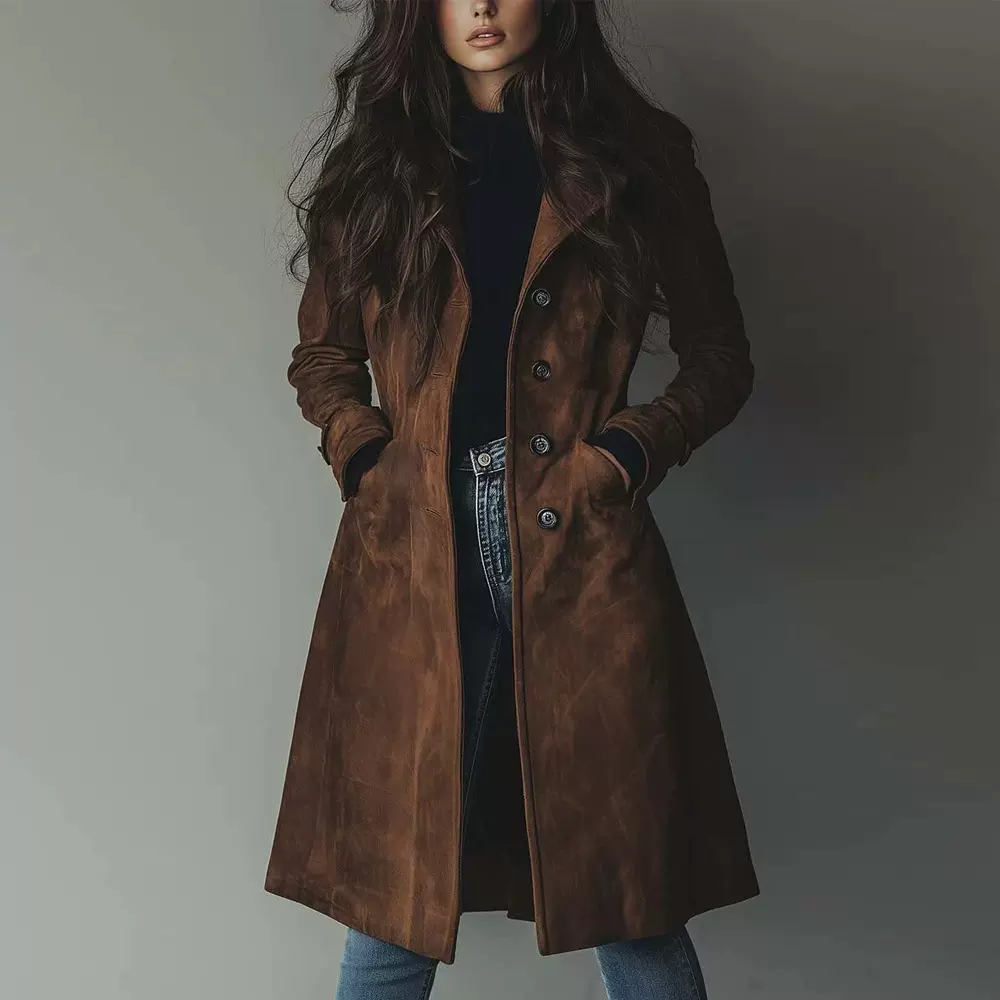 独立站2025欧美秋冬新品跨境女装翻领西部麂皮绒长款风衣外套
