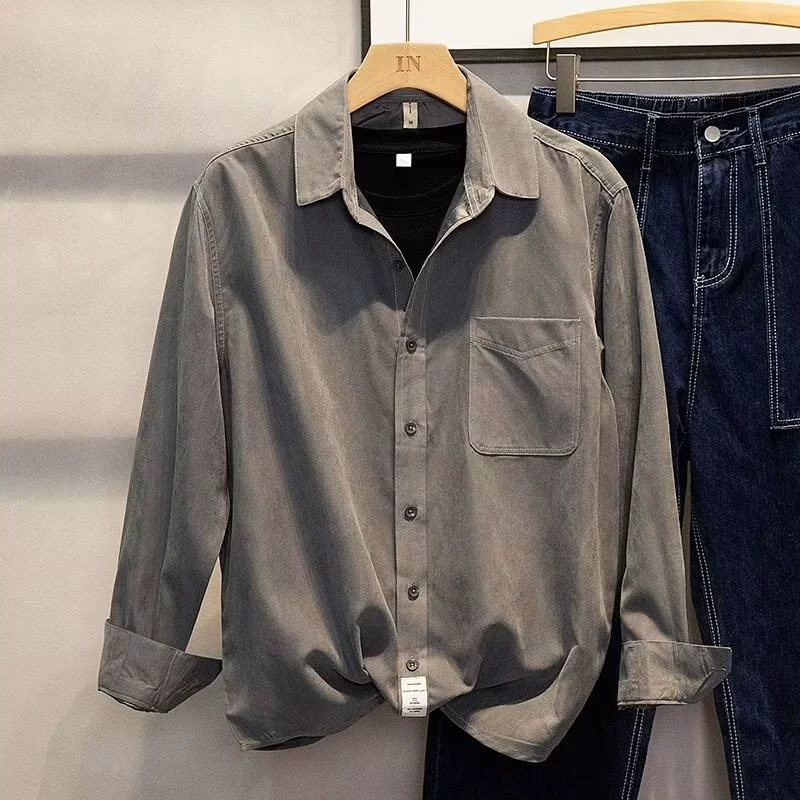 2024 Летний новый красивый с длинными рукавами подросток мальчик свободная дикая простая сплошная повседневная рубашка