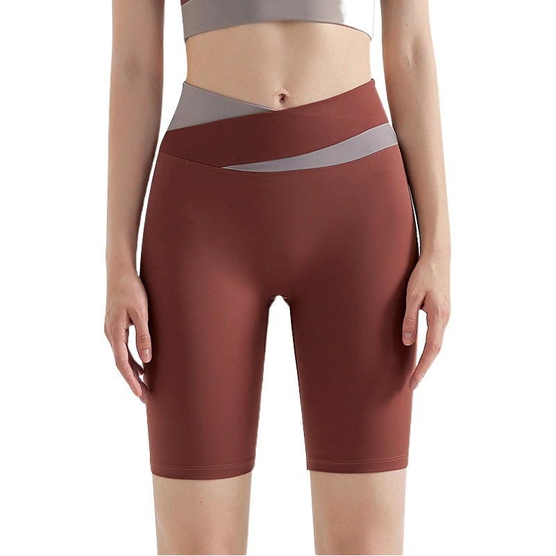 Pantalones cortos de yoga LAHN para mujer, bloques de color, cintura cruzada, cintura alta, levantamiento de glúteos, sin costuras, ajustados, hasta media pierna, fitness.