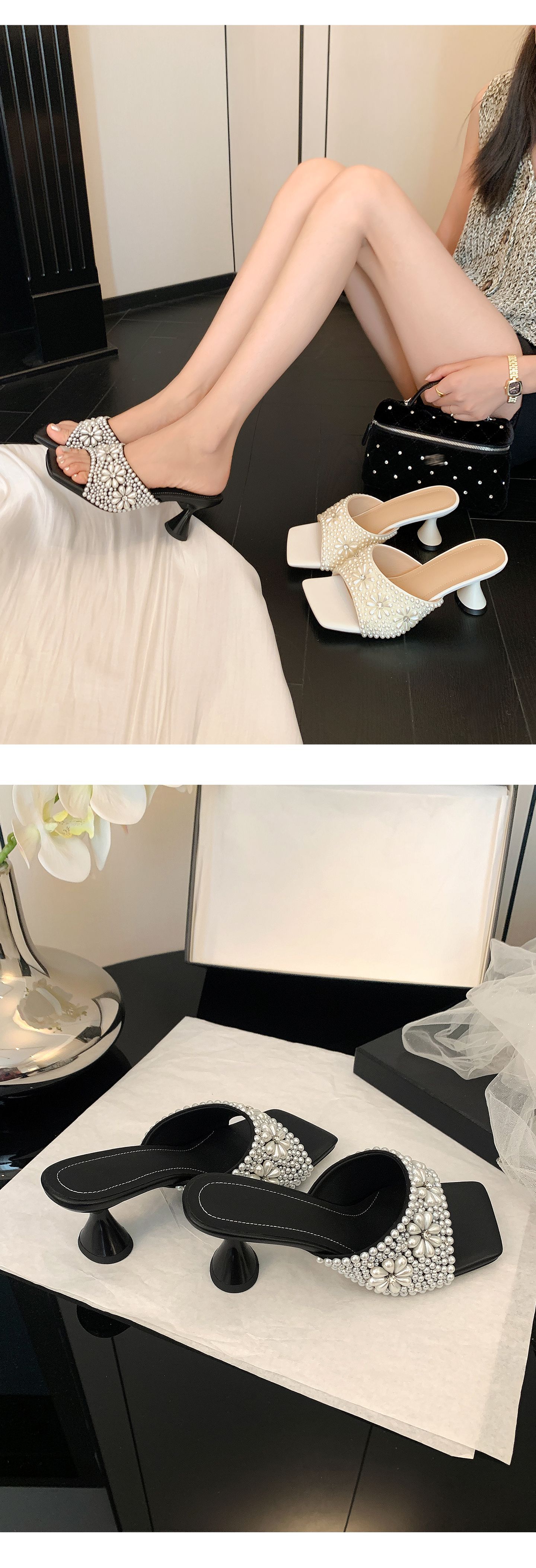 Sandal cao gót nữ quai ngang mũi vuông đính đá pha lê handmade — màu đen, màu trắng chi tiết 13