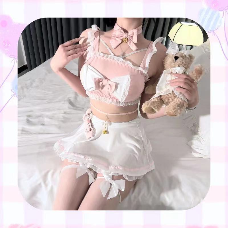 Lolita Maid Costume Lingerie Set with Bow, Breast Pads, Stockings and Ears — detail image 7