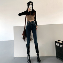 实拍加绒加厚蓝灰高腰牛仔裤女显瘦显高秋冬季新款修身小脚裤