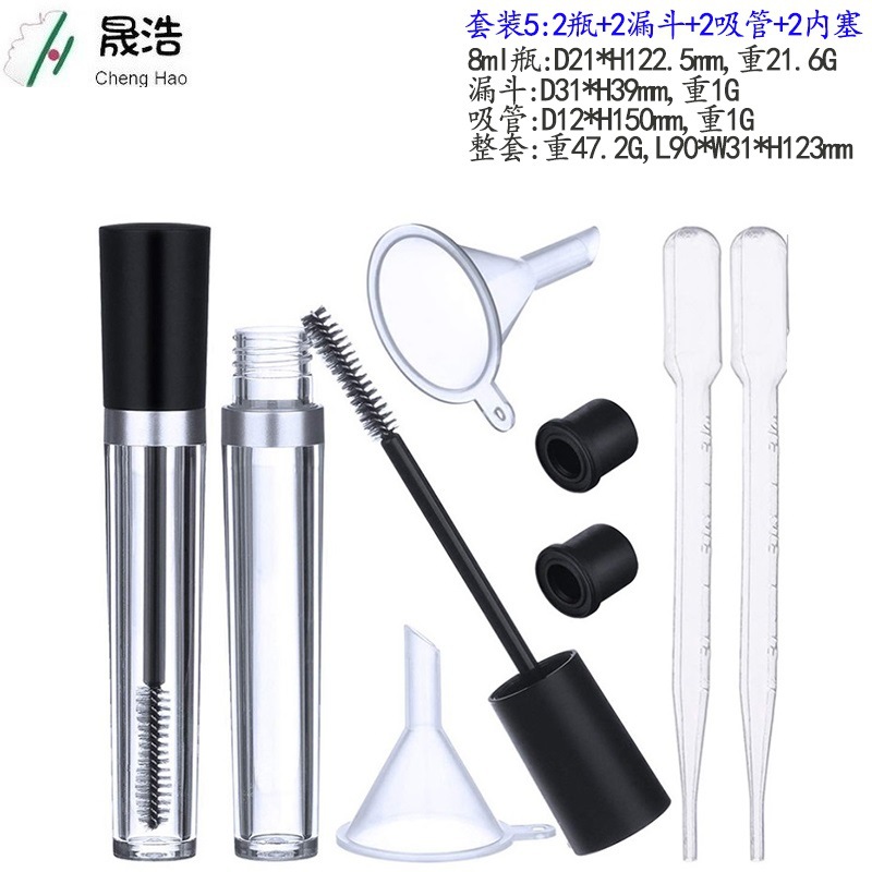 En stock 8ml rimel tubo delineador de ojos botella vacía material de embalaje mini embudo gotero transparente sub-botella traje de combinación
