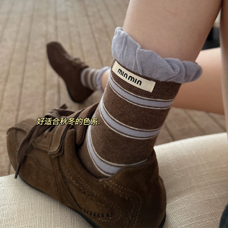 秋季新款撞色双罗口字母布标袜子女中筒袜泡泡花边ins条纹堆堆袜|undefined