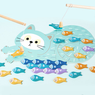 Wooden Kids Kitten Magnetic Fishing Game Alphanumeric Jigsaw Puzzle Game 3 Educational Toys Training for concentration