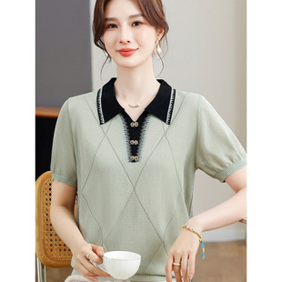 Ladieswear's Summer Clothing Lapel Ice Silk Short-Sleeved Breathable Shirt Middle-Aged and Elderly Large Size Loose Thin T-Shirt Top Suit