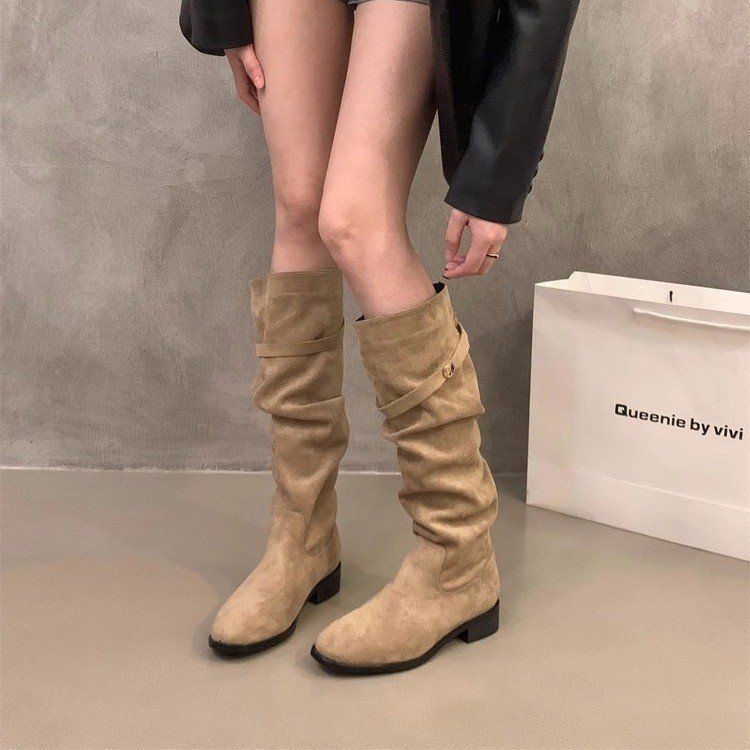 Chunky Heel Suede Khaki Slouchy Mid-Calf Boots for Women, 2026 New Autumn and Winter Slimming Long Boots