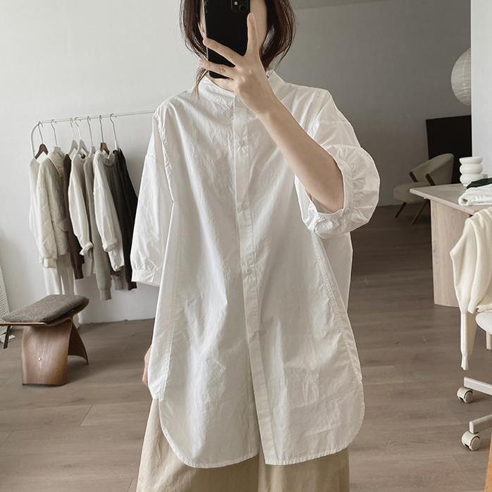 Shirt Women's New Summer Style Loose Slimming Mid-Sleeve Simple Niche New Style Half Turtleneck Mid-Length Top White