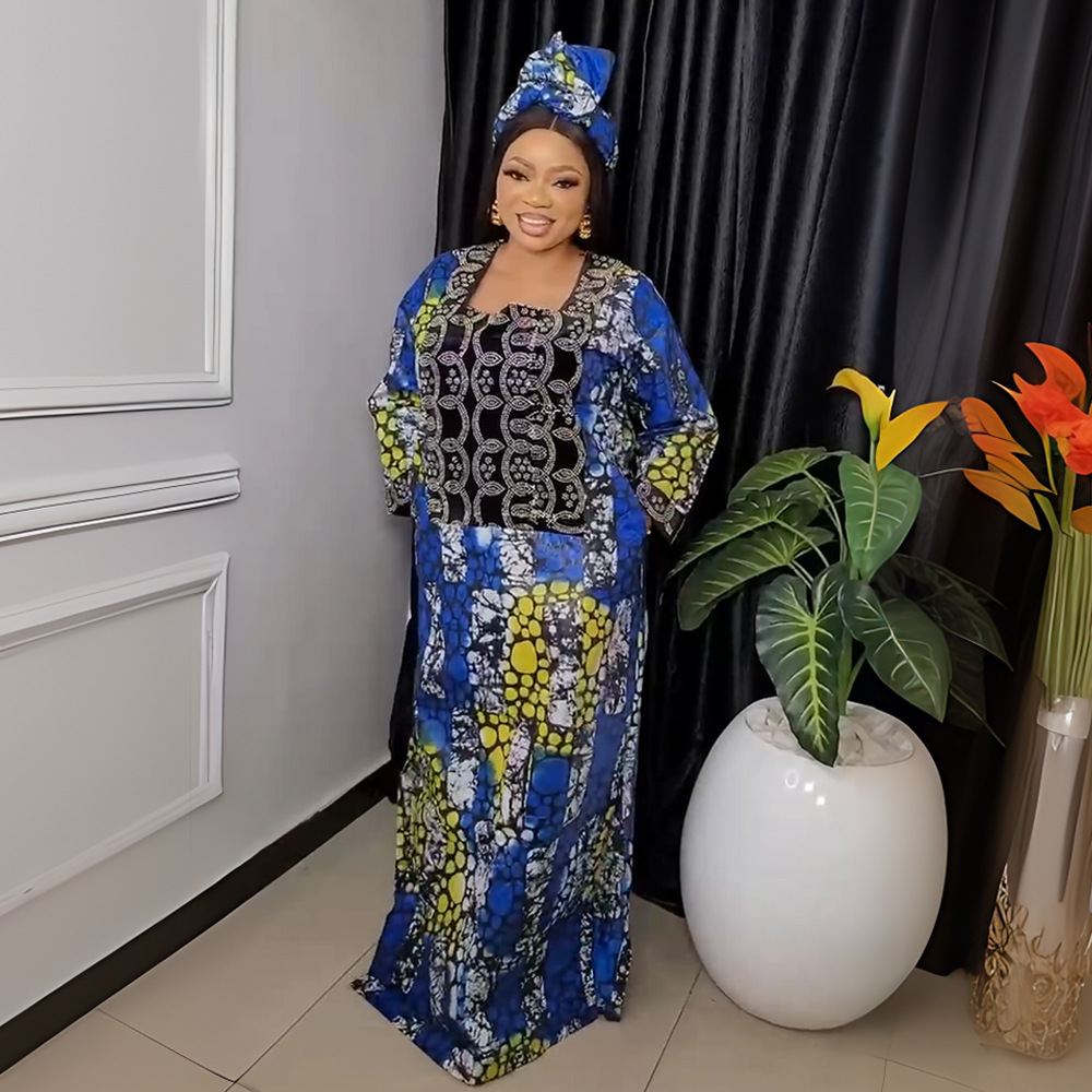 Middle East Bestseller Crystal Satin Printed Dress With Headscarf And Rhinestones, African Plus Size Women's_ecoleips.com