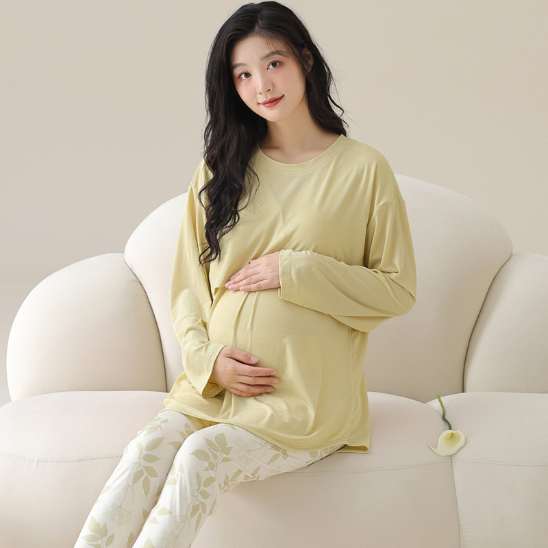 가슴 패드가 달린 산후복, 새로운 가을 겨울 긴팔 바지, 산모 잠옷, 산후 모유 수유 가정복, 라운드 넥