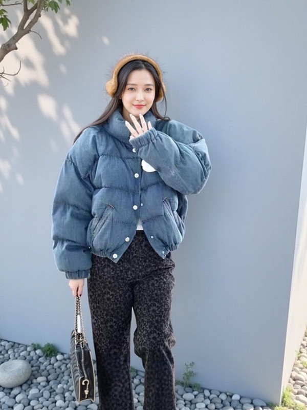 现货金珍妮同款牛仔蓝色棉服女25冬季小个子短款立领外套棉衣棉袄|undefined