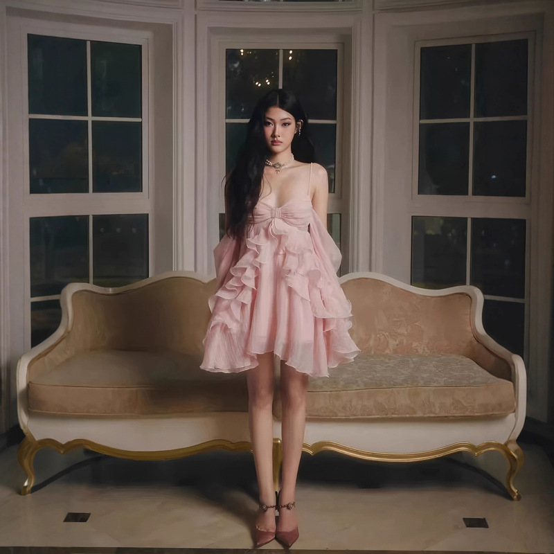 Vietnamese Niche Design Jiren* French Girl Off-Shoulder Long-Sleeved Elegant Ruffled Princess Suspender Dress for Women