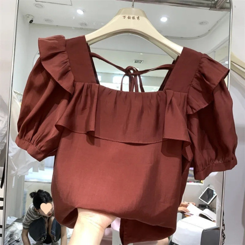 European-style Tencel chiffon blouse for women, V-neck tie-up top, summer new design with ruffled edges—stylish and chic petite shirt.