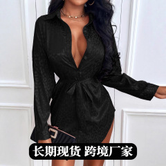 欧美独立站跨境女装 秋季新品缎面衬衫 外贸亚马逊豹纹长款长袖衬