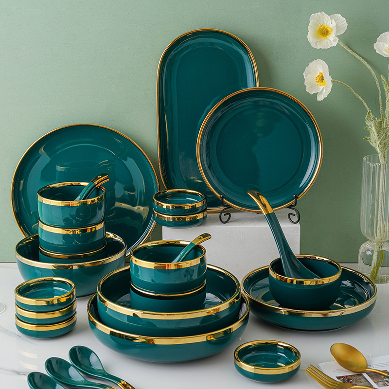 Nórdico tazón plato traje personalizado hogar tazón de fuente Placa de cerámica de lujo creativo Esmeralda vajilla fideos tazón de arroz plato