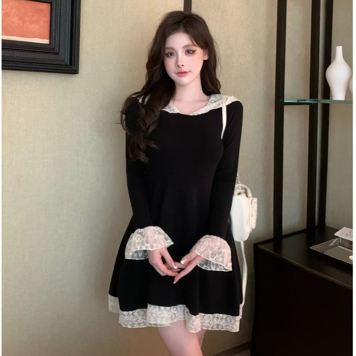 (2개) 플러스 사이즈 헵번 스타일 레이스 니트 원피스 여성 가을 패션 우아한 작은 검은 원피스 통통녀 배꼽 커버 슬리밍 스커트