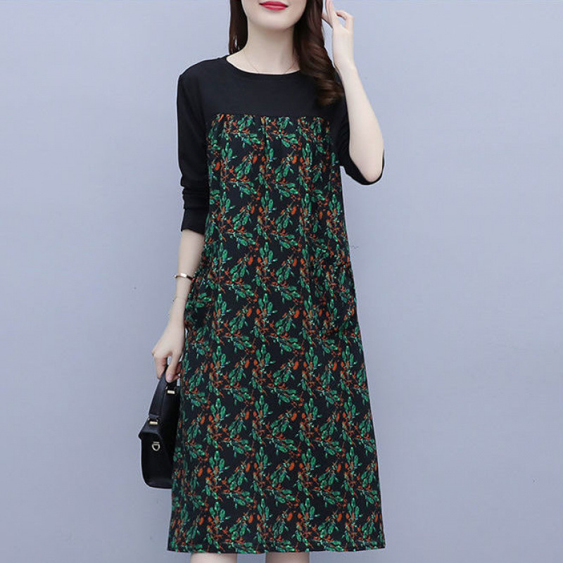 Dress 2026 New Spring and Autumn Fashion Plus Size Retro Chinese Style Printed Patchwork Mid-Length Large Size Dress