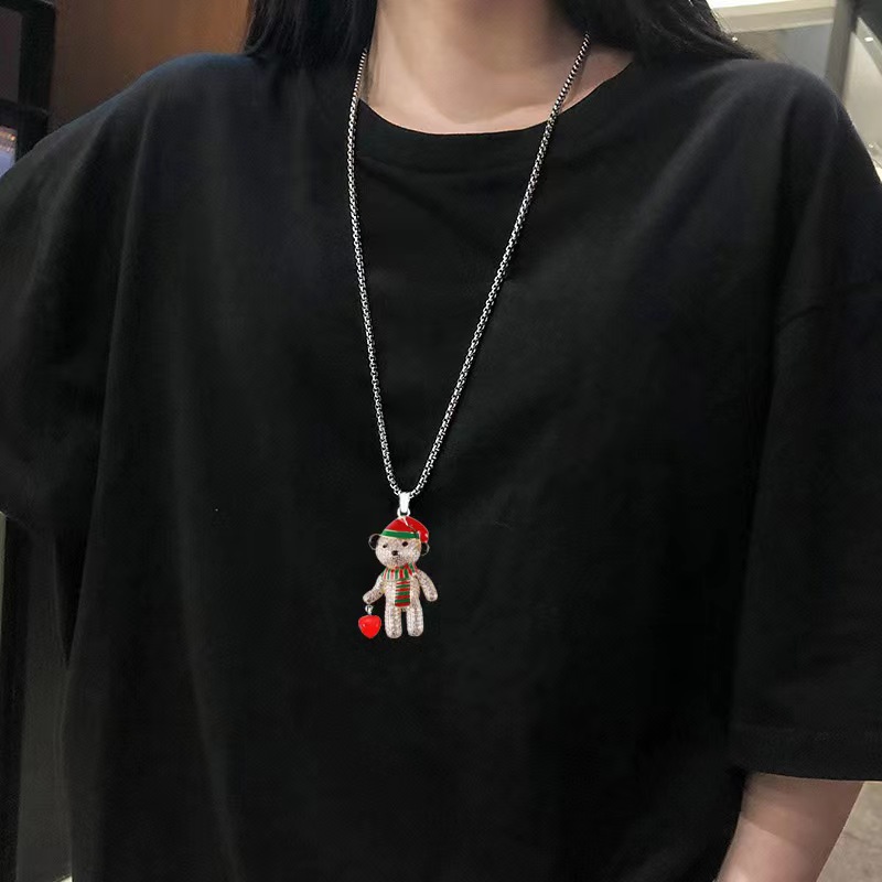Geschenk Voller Diamant Rot Pfirsich Herz Bär Halskette Modische und Minimalistischen Lange Pullover Kette Anhänger_voghion.com