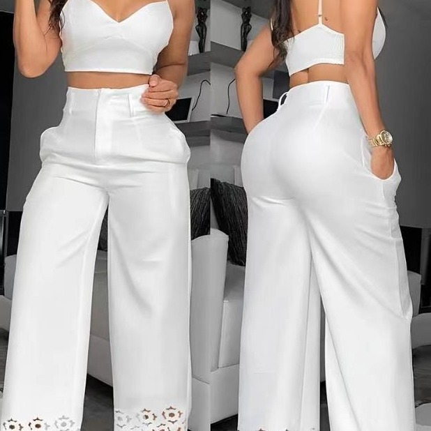 202 European and American Foreign Trade women's fashion elegant solid color sling + high waist hollow straight trousers suit