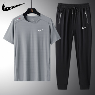 Men's 2024 New Ice Silk Sports Casual suit Men's Summer Breathable Thin Short-sleeved T-shirt/Pants Two-piece Set