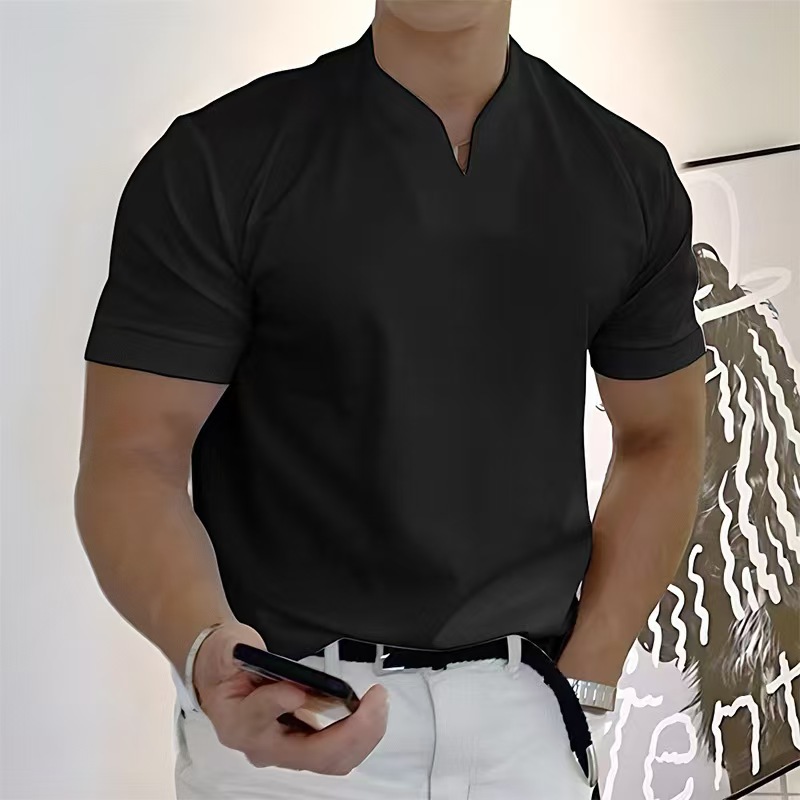 2025 verano nuevo estilo musculoso masculino fitness deportivo camiseta de manga corta elástica de verano con cuello en V para hombre