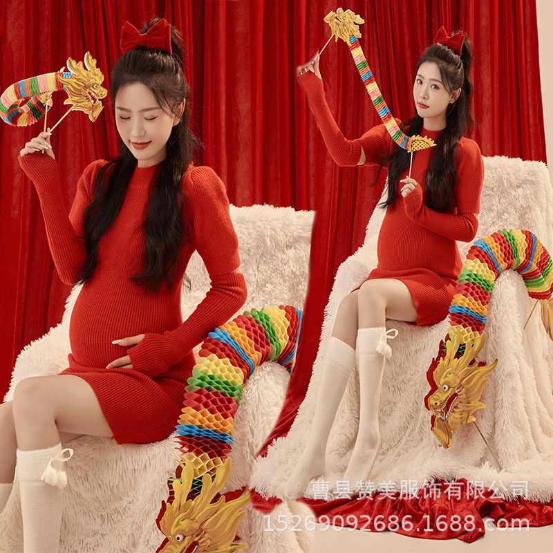 New Dragon year theme studio photo clothes New Year festive red knitted dress maternity photo clothes at home