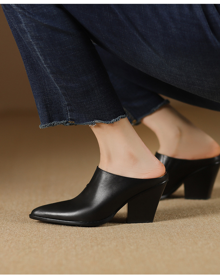 Giày mule nữ da bò mũi nhọn gót cao 7 cm phong cách Âu Mỹ — đen chi tiết 9