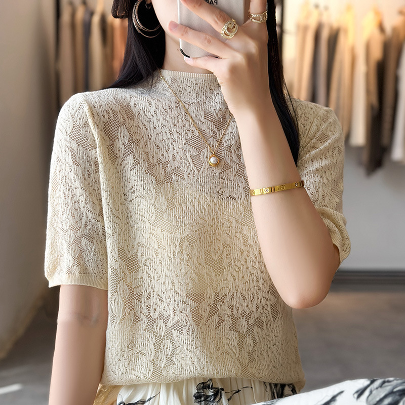 Worsted Wool 2025 New Women's Short Loose Mock Collar Hollow Flower Half Sleeve Base Sweater Short Sleeve Top Worsted Wool 2025 New Women's Short Loose Mock Collar Hollow Flower Half Sleeve Base Sweater Short Sleeve Top