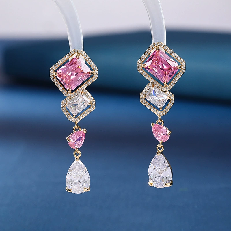 Серебряные серьги-капли из циркония, серебро 925 пробы, микроинlay, золотистая оправа из камня, жёлтый/фиолетовый/розовый