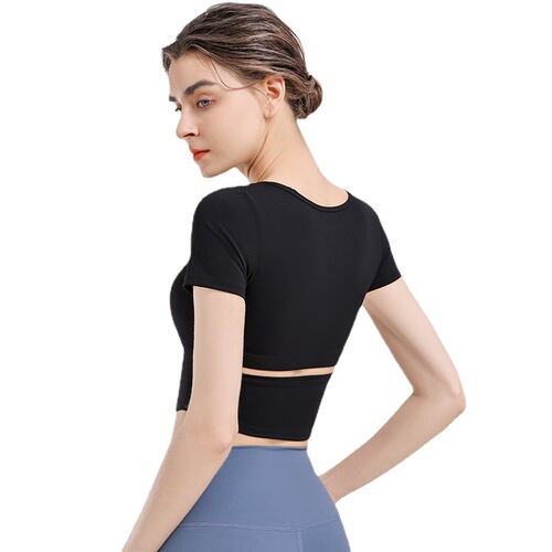 Yoga clothes for women, short sports tops with chest pads, short-sleeved T-shirts, quick-drying Pilates training, fitness, dance and running