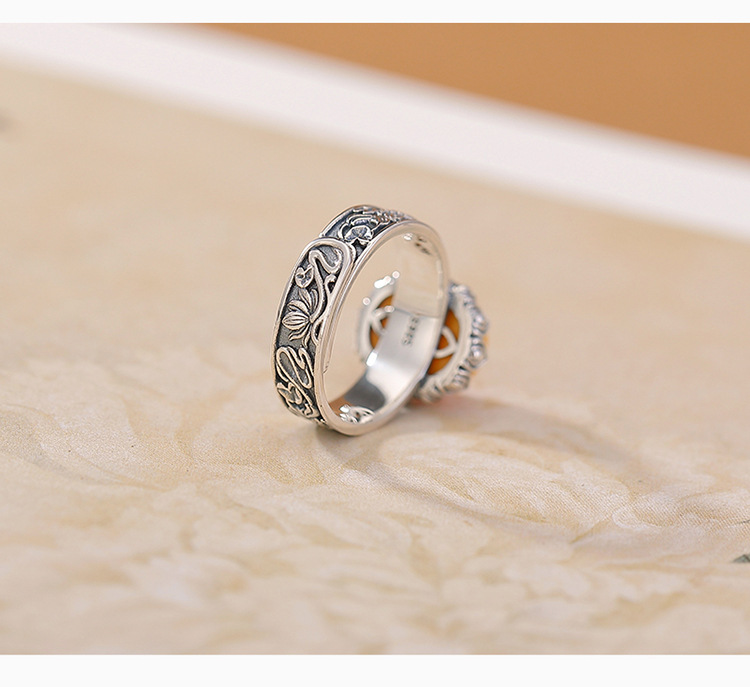 Nhẫn bạc S925 đính cabochon hổ phách máu hình cá chép sen phong cách vintage dân tộc — Mô hình sáp ong chi tiết 5