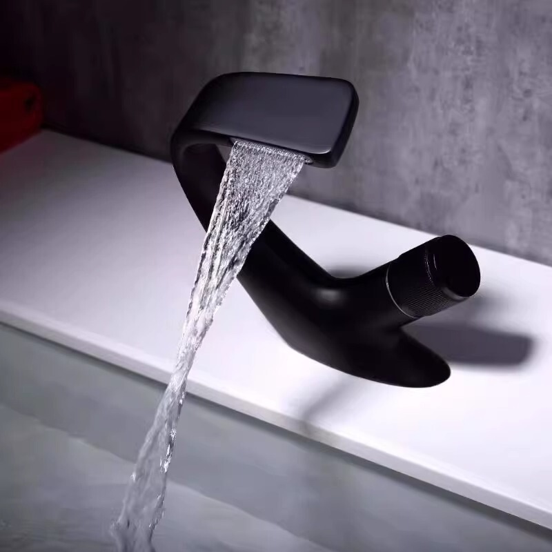 Cross-Border Faucet for Hotel Bathroom, Under-Counter Basin Faucet, All-Copper Waterfall European-Style Black Hot and Cold Basin Faucet