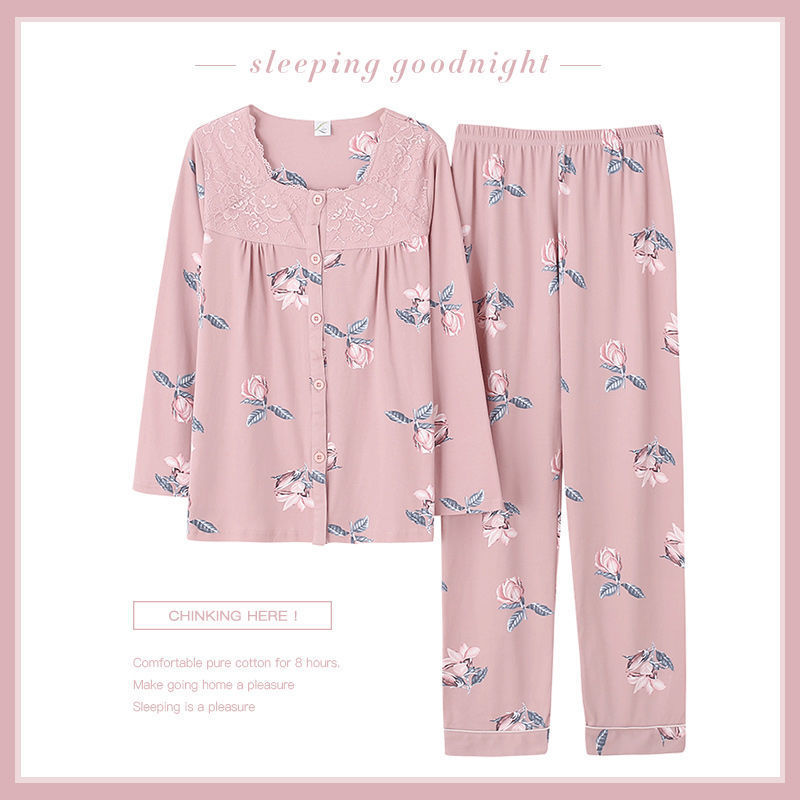 중년 여성을위한 봄과 가을 중년 및 노인 어머니의 새로운 긴팔 잠옷 가을 및 겨울 시어머니 가정 옷 세트