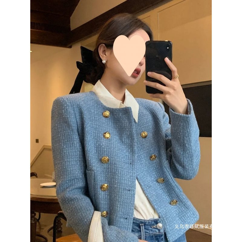 Celebrity Style Jacket for Women Customized Tweed Blue Double-Breasted Short Jacket Suit Jacket for Women